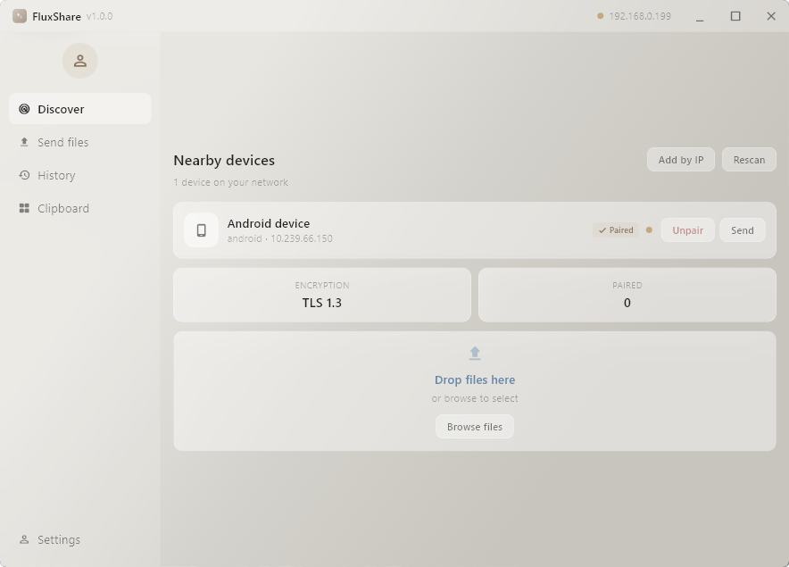 FluxShare on Windows — Discover screen showing a paired Android device on the local network.